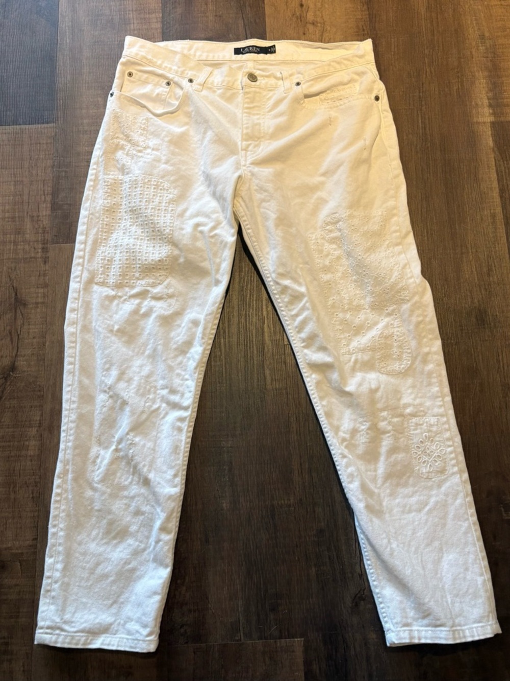 Lauren Ralph Lauren eyelet-patchwork relaxed tapered jean size 10